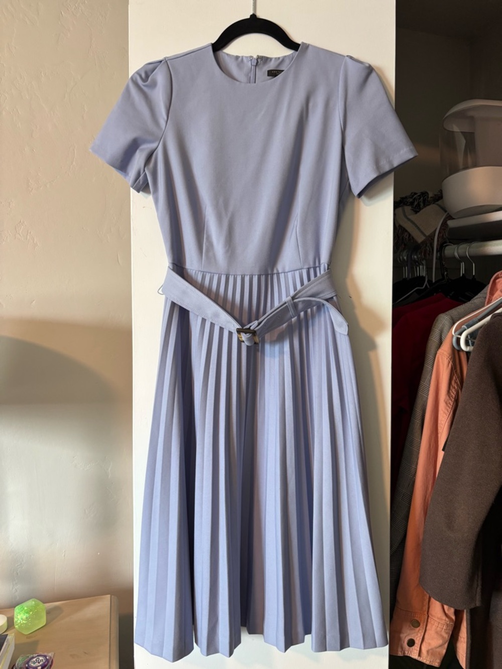 Ann Taylor Light Blue Short-Sleeve Pleated Midi Dress with Belt